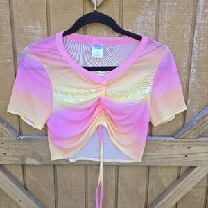 Vibrant Pink and Yellow Mesh Ruched Crop Top